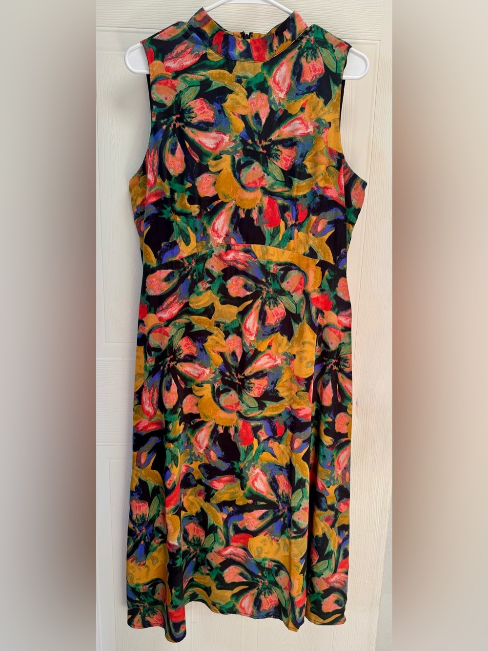 Tahari ASL Abstract Floral Mock Neck Satin Midi Dress Multi-Color Size S